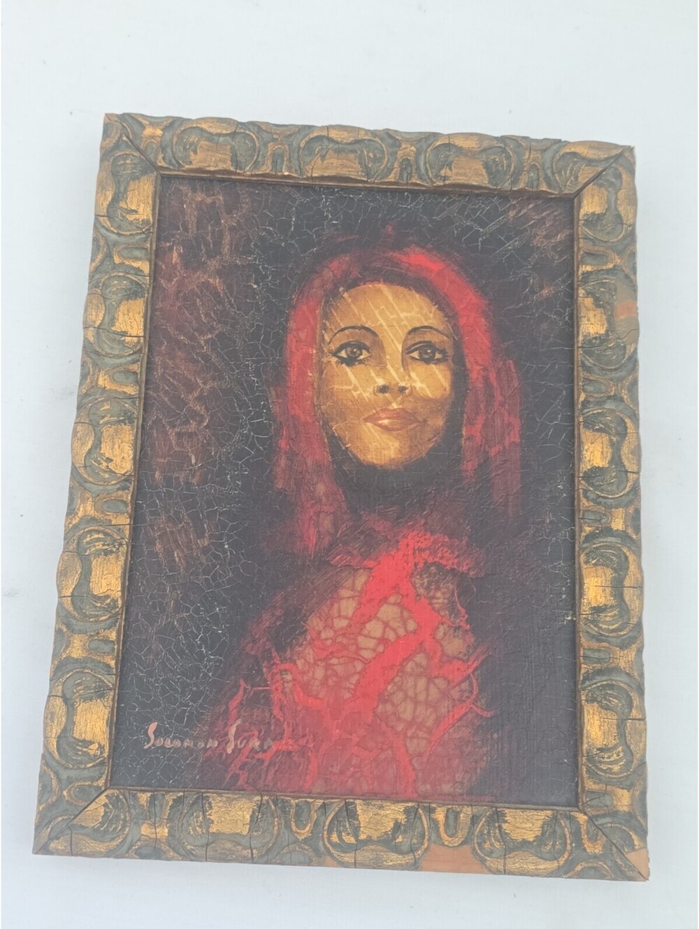 Vintage Solomon Sura Signed Portrait Painting Woman in Red Ornate Carved Wood...